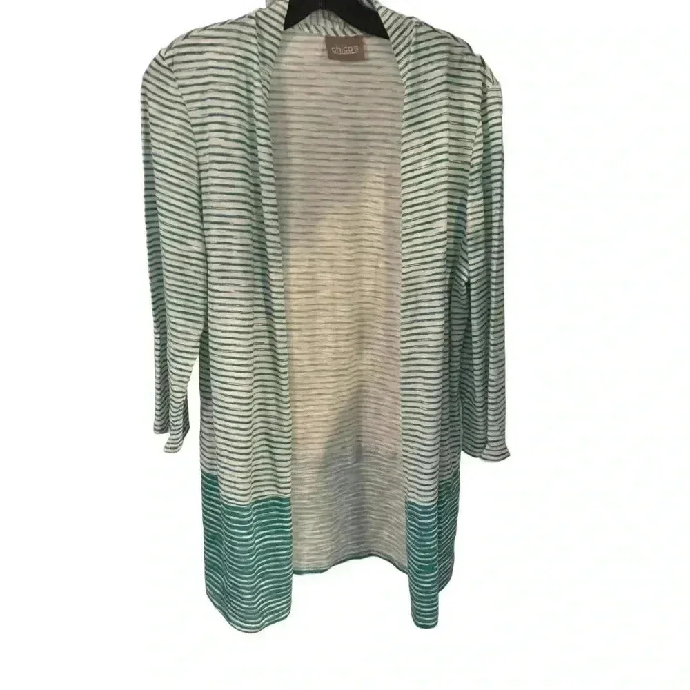 Chicos 1 Medium Green & White Stripe Open Front Cardigan Lightweight Cotton